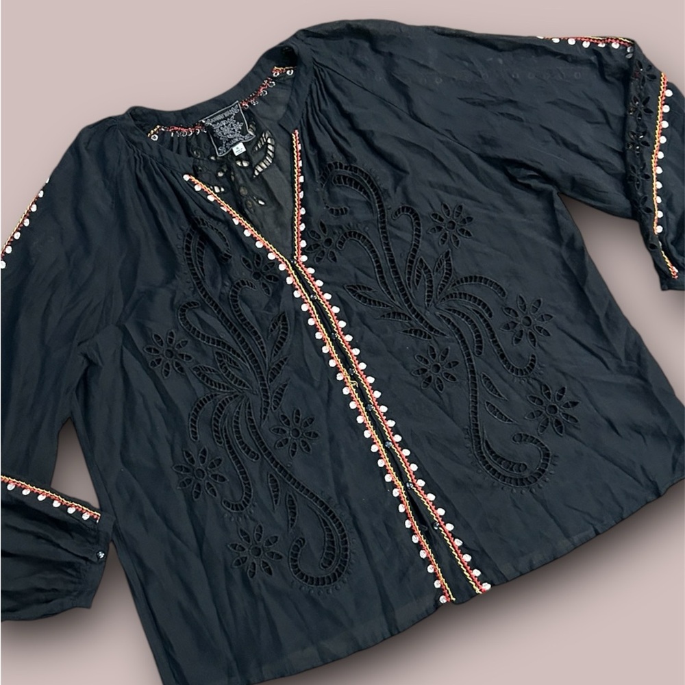 JOHNNY WAS JADE Rosa Button Down Eyelet Black Multi Embroidered Peasant Blouse